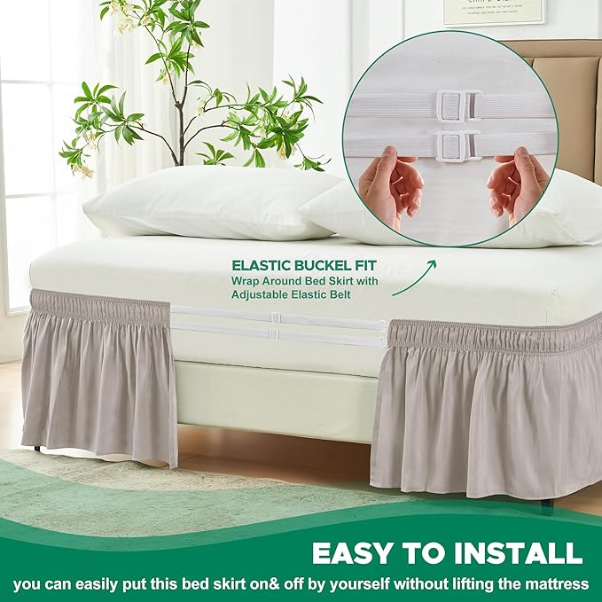 Biscaynebay Wrap Around Bed Skirts for Queen Beds 15" Drop, Camel Grey Adjustable Elastic Dust Ruffles Easy Fit Wrinkle & Fade Resistant Silky Luxurious Fabric Machine Washable