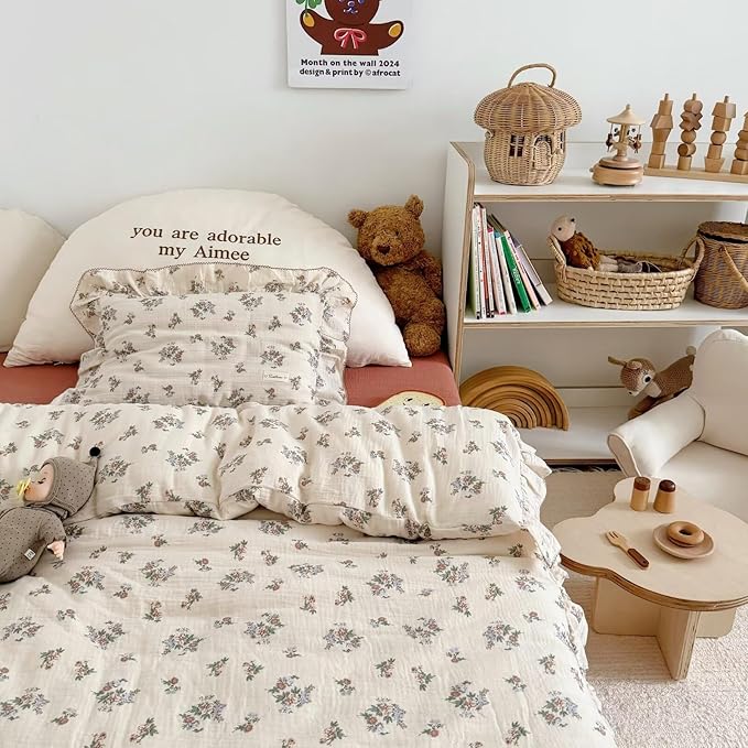 BuLuTu Muslin Floral Duvet Cover for Toddler Girls, Chic Shabby Aesthetic Kids Duvet Covers with Ruffles, All Seasons Gauze Cotton Toddler Bed Comforter Cover with Zipper, 47"x59", No Pillowcases