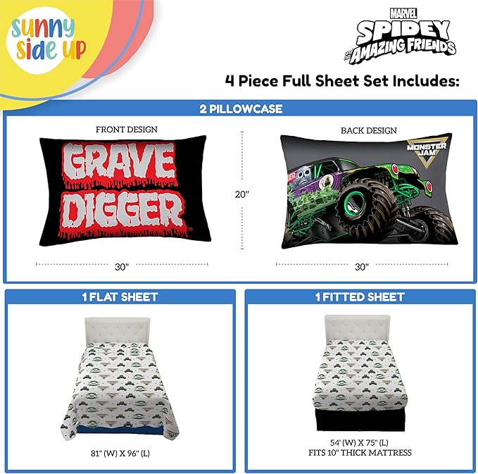 Sunny Side Up Monster Jam Grave Digger Full Sheet Set - 4 Piece Kids Bedding Set Includes Pillow Cover - Super Soft Microfiber Sheets
