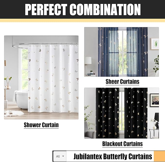 Jubilantex Butterfly Sheer Curtains Navy Blue Drapery with Gold Print Pattern 63 Inch Long, Kids Nursery Bedroom Voile Linen Textured Curtain Rod Pocket Window Drapes, 2 Panels