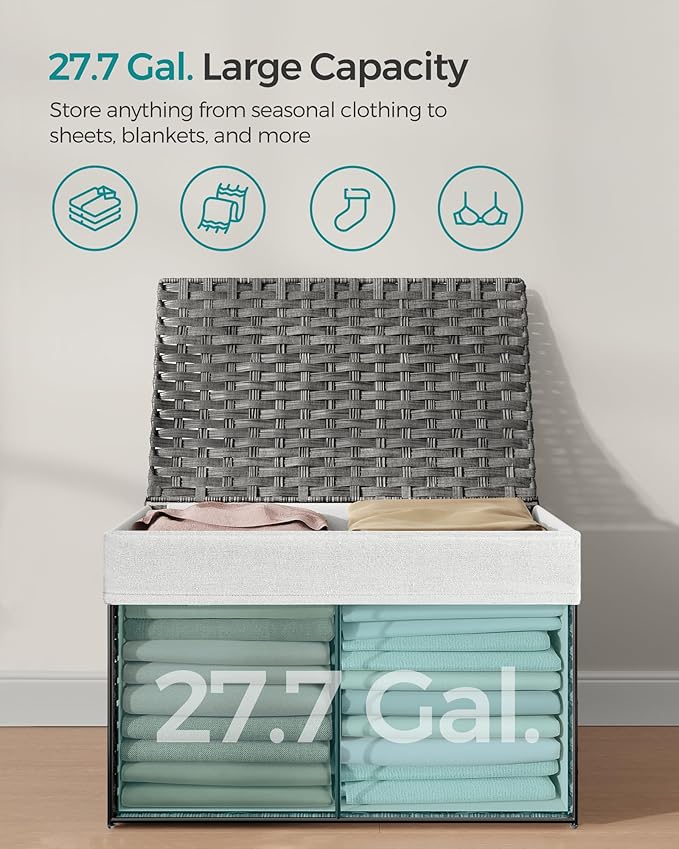 SONGMICS Storage Basket with Lid, 27.7 Gallon (105L) Storage Bin, Woven Blanket Storage Basket with Handles, Foldable, Removable Liner, Metal Frame, for Bedroom, Laundry Room, Gray URST066G01