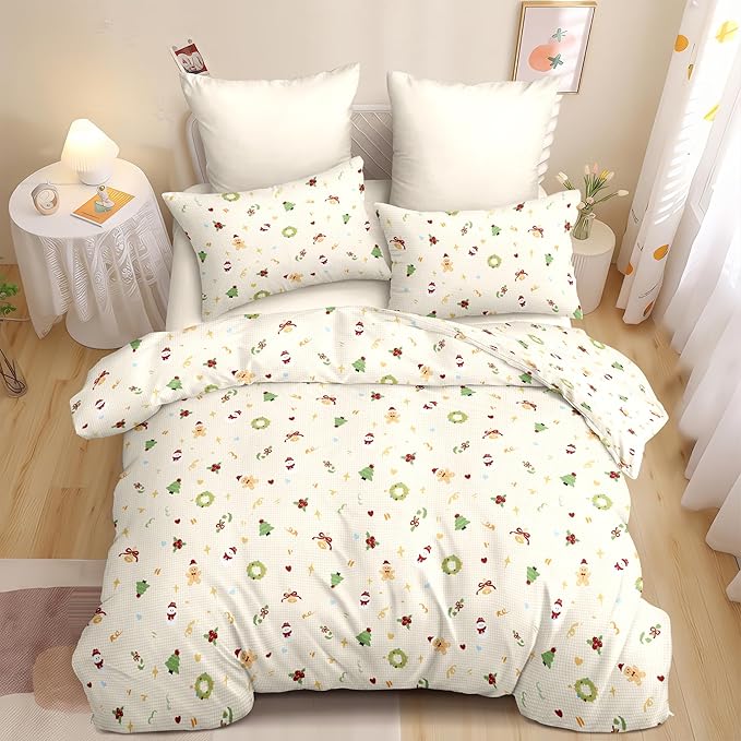 Christmas Duvet Cover King Size Gingham Red Bow Christmas Tree Bedding Set Kids Boys Girls Plaid Heart Xmas Holiday Reversible Comforter Cover 3 Pieces with Zipper Closure (No Comforter)