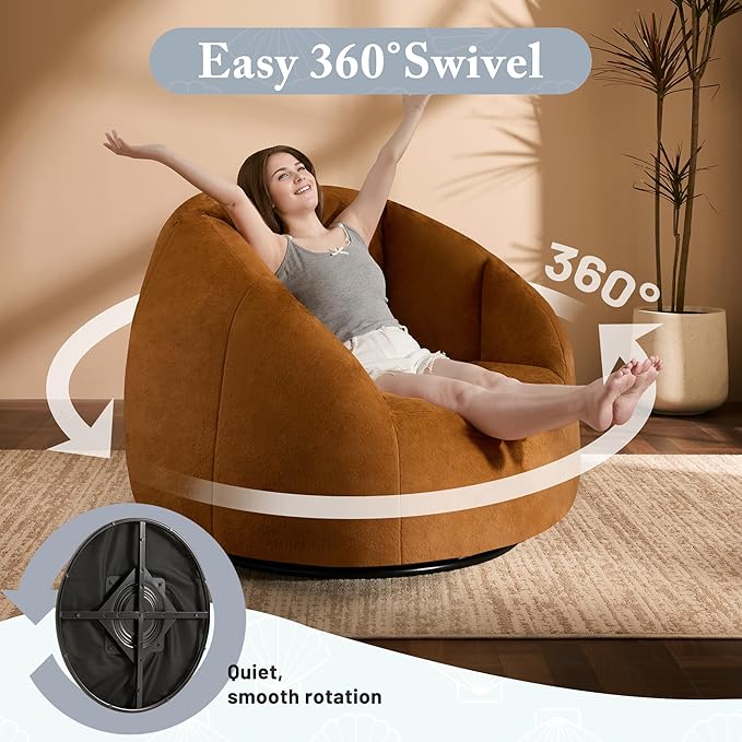 Giant Bean Bag Swivel Chair for Adults with Ottoman - Comfy Plush Round Shell Soft Accent Chaise Lounge Indoor Chair, Oversized Cozy Floor Sofa for Living Room Game Rooms, Orange