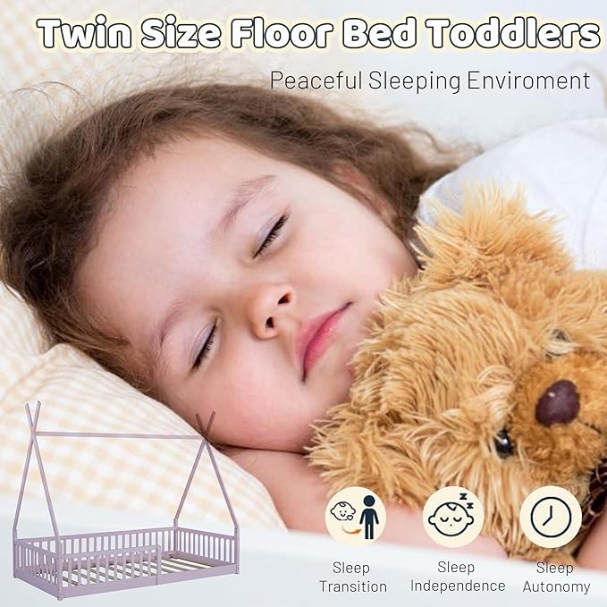 Twin House Bed with Fence Rails, Wood Montessori Floor Bed with Slats Support, Twin Size Teepee Tent Beds Kids Bed Frames for Girls Boys,Pink