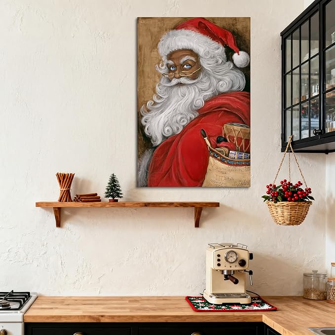 YONICA Christmas Canvas Wall Art Vintage Santa 24x32 Inch Retro Gift Bag with Toys - Large Framed Gallery Wrapped Traditional Decor