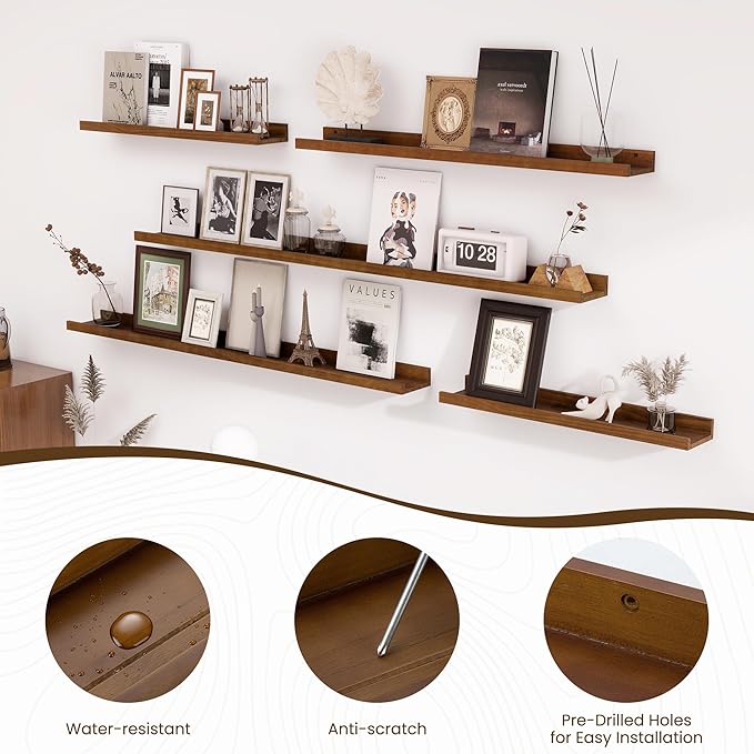 Fun Memories Picture Ledge Shelf, Pine Wood Floating Shelves Set of 2, 55 inch Nursery Book Shelves, Photo Ledge Book Shelves Wall Mounted for Living Room Kids' Room Bedroom - Walnut