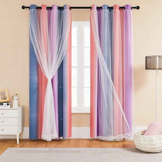 XiDi 90 Inches Curtains for Girls Bedroom 2 Panels Set, Blackout Rainbow Curtains for Kids Room Decor, Unicorn Wall Decals Drapes for Little Girl Nursery Room Grey/Pink/Purple 34 Inches Wide
