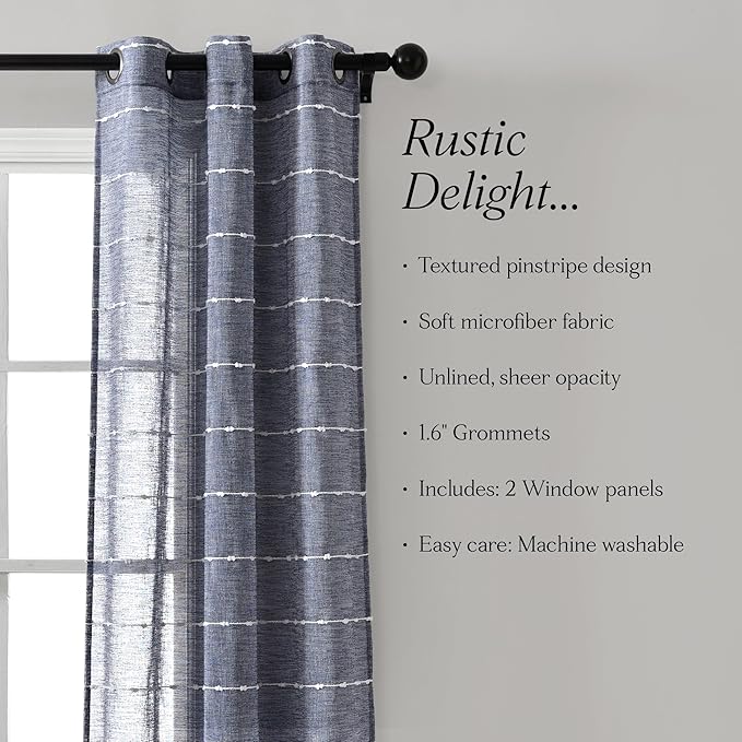 Lush Decor Farmhouse Textured Grommet Sheer Window Curtain Panel Pair, 38"W x 108"L, Navy