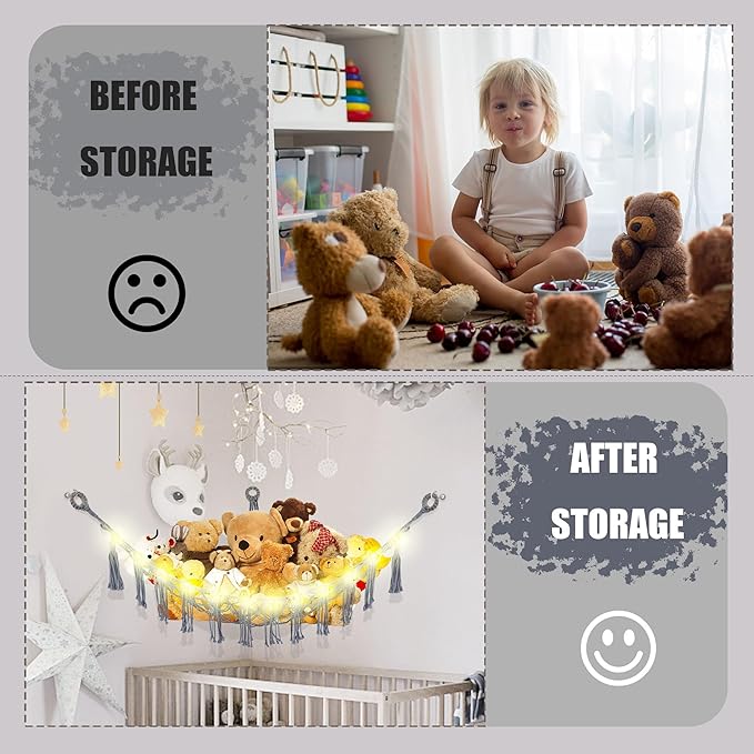 Stuffed Animal Hammock with LED Light, Large Stuffed Animals Storage Corner Plushie Net for Kids Room Decor, 2 Packs Grey