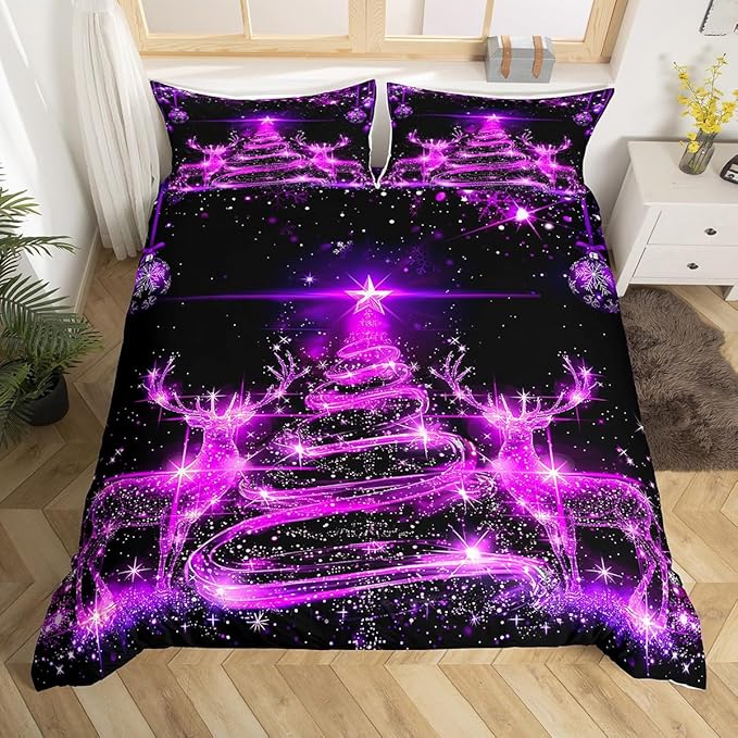Manfei Christmas Tree Duvet Cover Set Full Size Purple Twinkling Deer Comforter Cover Western New Year Bedding Set 3pcs for Kids Boys Girls Christmas Theme Quilt Cover with 2 Pillowcases,No Comforter
