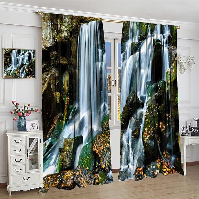 Waterfall Blackout Window Curtains, Forest Nature Landscape Theme Pattern Print Window Drapes, for Living Room Bedroom 52" W X 84" L