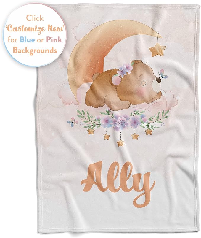 Personalized Baby Blankets with Name | Custom Bear Blanket for Girl and Baby Boy | Unisex Warm Soft Fleece Swaddle Blanket Minky | (Bear, Fleece 60"x80")