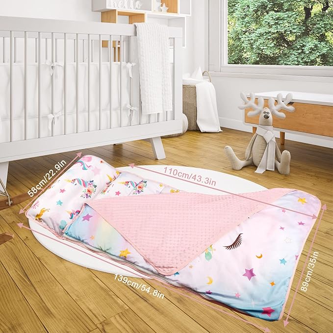 Toddler Nap Mat with Removable Pillow and Soft Dot Minky Blanket Pea Pod Kids Unicorn Napping Mats, Extra Large Rolled Slumber Bags for Girls Preschool, Daycare, Camping, 22 x 54inches Ages 3-7 Years