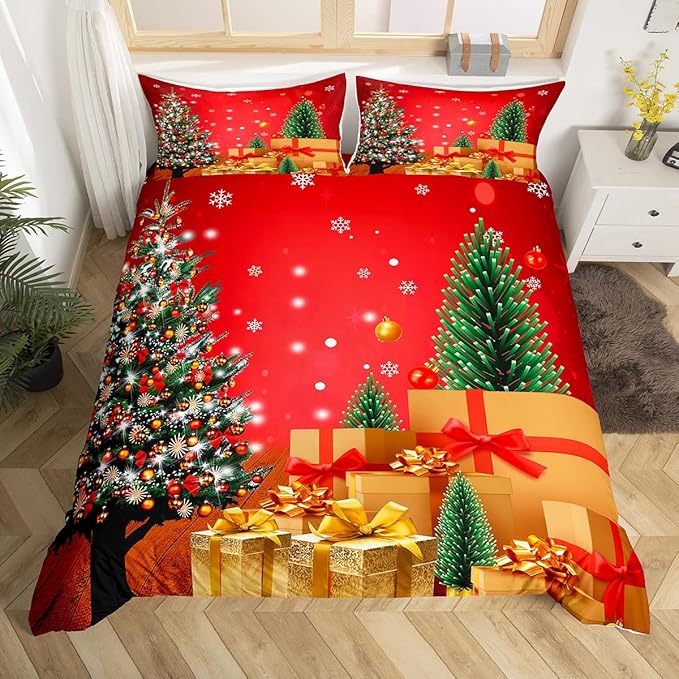 Feelyou Christmas Bedding Duvet Cover Set Kids Christmas Tree Bedding Set Boys Girls Snowflake Gift Boxes Decor Comforter Cover Set Microfiber Xmas Theme Bedspread Cover Bedroom Bedclothes Full Size