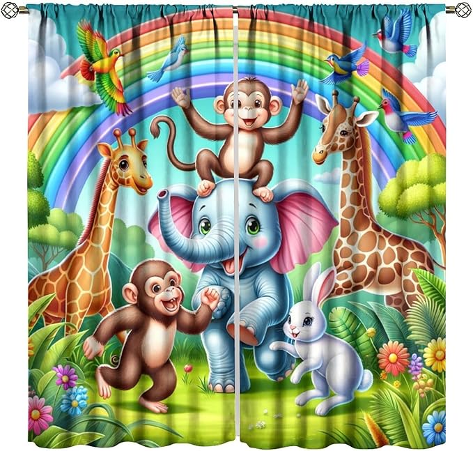 Animals Window Curtain Rod Pocket Kids Boys Girls Forest Giraffe Elephant Monkey Flowers Window Treatment for Baby Children Bedroom Living Room 84" W X 84" L
