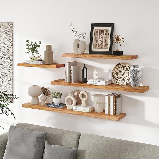 RICHFOCUS Live Edge Elm Floating Shelves - 48" W x 9.3" D Rustic Solid Wood Wall Shelves with Invisible Bracket, Wall-Mounted for Living Room, Bedroom, Kitchen Storage & Display, Set of 1, Natural