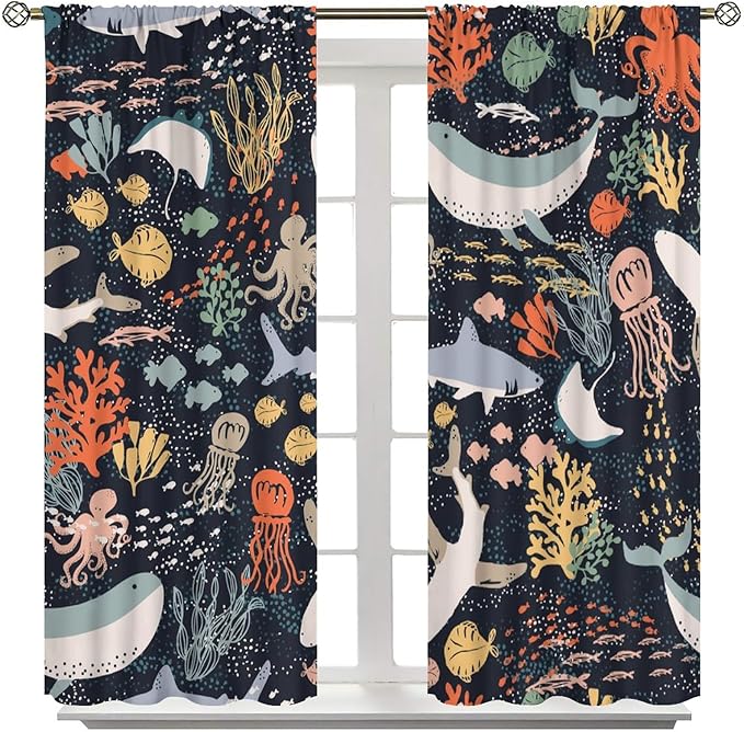 Sea Animals Curtain Cartoon Fish，Undersea Cute Whales Dolphin Underwater Wild Life Blue Ocean Boys Girls Waterproof Polyester Fabric Bedroom Decoration Set 2 Panels,42x63 Inches