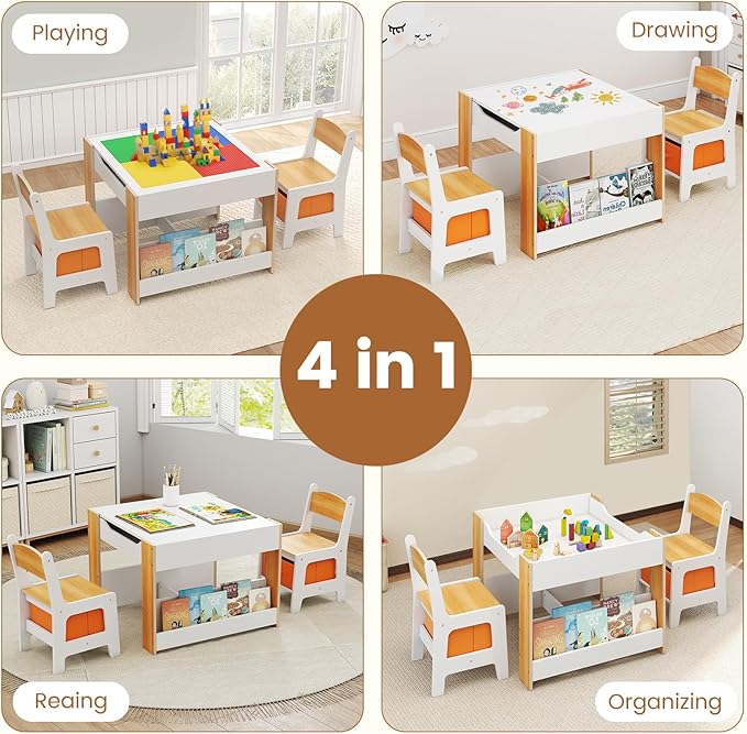 INFANS Kids Table and Chair Set, 4 in 1 Building Block Wooden Activity Desk with Reversible Tabletop Storage Drawers Bookshelves for Toddlers Art Craft Learning Reading Drawing Playroom (Natural)