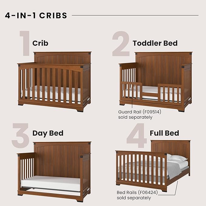 Child Craft Redmond Full Panel 4-in-1 Convertible Crib, Converts to Day Bed, Toddler Bed and Full-Size Bed, 3 Adjustable Mattress Positions, Non-Toxic, Baby Safe Finish (Coach Cherry)