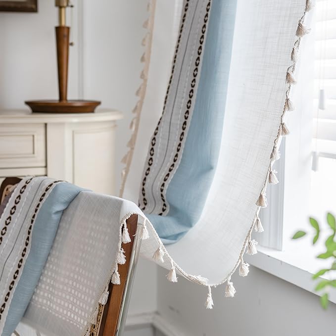 Deeprove Boho Linen Curtains 84 inch for Bedroom Living Room, Semi Blackout Textured Farmhouse Tassels Window Treatment Bohemian Embroidery Drape Rod Pocket 1 Panel 52" W x 84" L, Blue and Brown