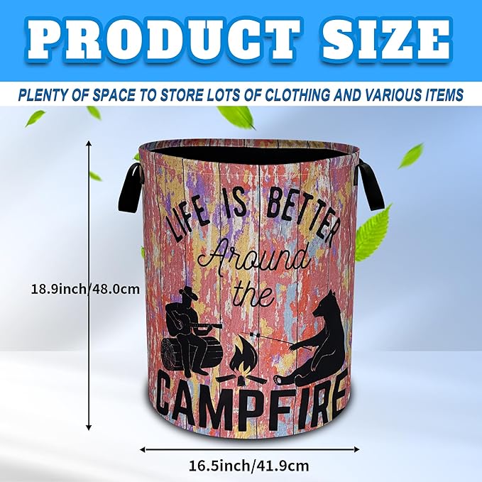 Life Is Better Around The Campfire Laundry Basket Oxford Cloth Funny Laundry Hamper With Handle Foldable Portable Clothes Storage Basket 18.9 X 16.5 Inch Storage Bag For Laundry Room/Bathroom/Bedroom