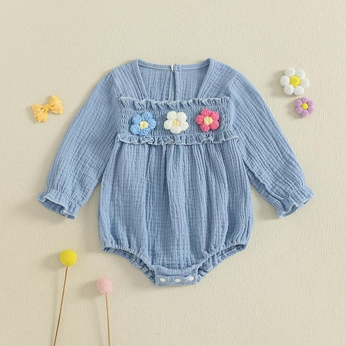 Gaono Newborn Baby Girl Smocked Bubble Romper Cute Boho Summer Clothes Ruffle Sleeveless Crochet Flower Vintage Bodysuit