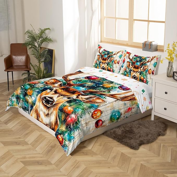 Cabin Deer Duvet Cover Set King Size,Tie-dye Christmas Tree Wooden Plank Rustic Bedding Set,Boys Girls Room Decor,Wild Animal Farmhouse Comforter Cover,Brown Quilt Cover,2 Pillowcases,No Comforter