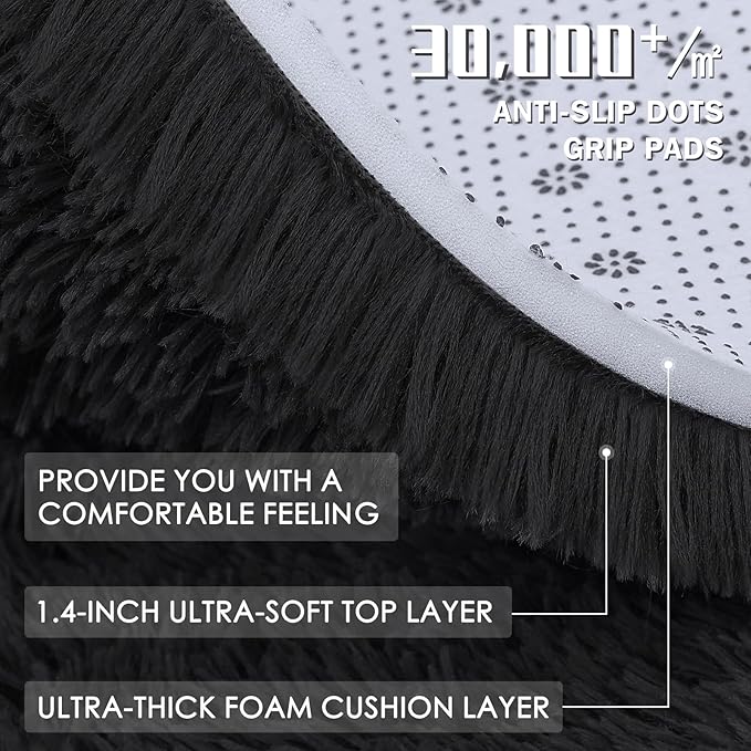 OLANLY Black Round Rugs for Bedroom - Machine Washable, 4 ft Circle Area Rugs for Living Room, Soft and Fluffy Shaggy Carpet for Teen Girls and Boys, Nursery Rooms, Dorms, Home Decor Aesthetic