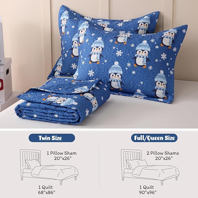 JSD 3 Pcs Kids Christmas Quilt Set Full/Queen, Blue Penguin Christmas Theme Bedding, Soft Microfiber Bedspread Coverlet Holiday Quilted Blanket