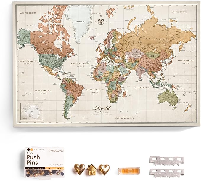 Canvas World Map with Cork Pin Board - English Lettering - Decorative Wall Decoration for All Rooms - Canvas Pictures with World Map Motif (90x60 cm, Pattern 22)