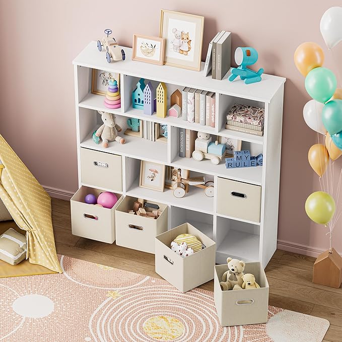 IRONCK Toy Storage Organizer with 6 Bins, Wooden 4-Tier Floor Standing Open Bookshelf Storage Cubby, 12-Cube Storage Shelf Bookcase, Kids Bookshelf and Toy Storage, Beige