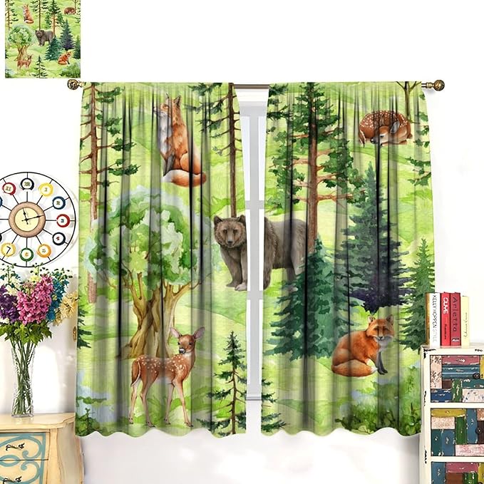 Woodland Animal Curtains, Watercolor Jungle Animals Fox Bear Pattern Blackout Window Treatments, Rod Pocket Thermal Insulated Drapes 2 Panel Sets for Kids Bedroom Nursery Classroom, 42" W X 54" L