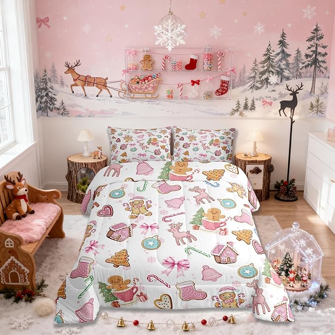 Cute Bow Tie Kids Comforter Set Queen Size,Pine Tree Merry Christmas Elk Deer Bedding Set,Room Decor,Bowknot Gingerbread Man Snowflake Quilt,Pink Colorful Duvet Set Bedroom Quilt Set,2 Pillowcases