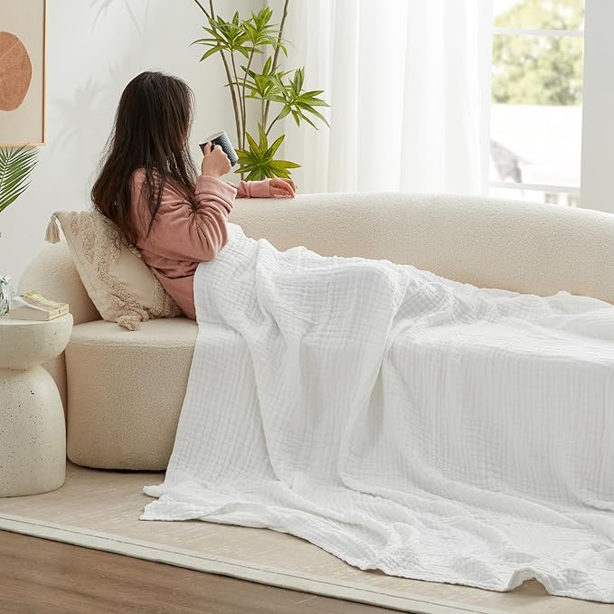 Love's cabin 6 Layer 100% Cotton Muslin Blanket, 50"x60" Throw Muslin Blanket for Couch Bed, White Muslin Throw Blanket, Lightweight and Breathable Cotton Gauze for Adult