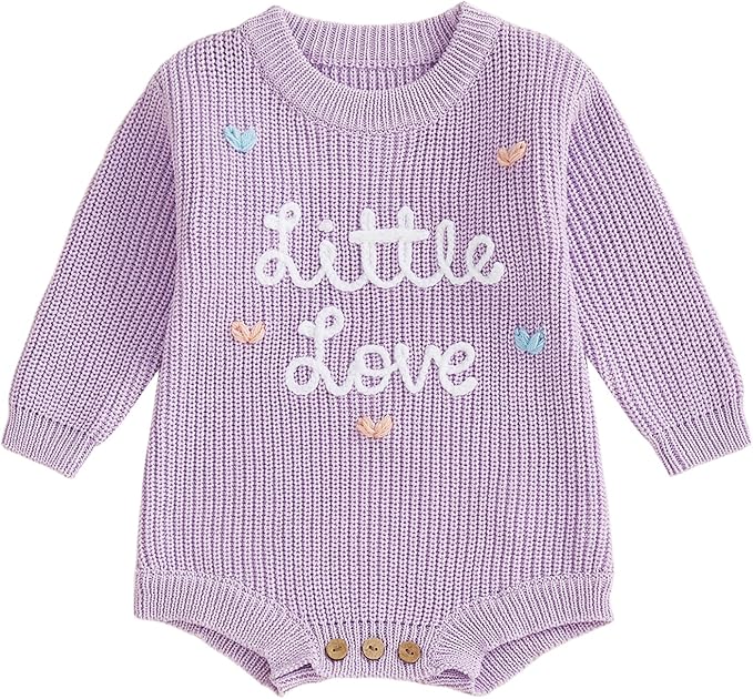 Lesimsam Newborn Baby Boy Girl Valentines Day Outfit Oversized Embroidery Long Sleeve Knit Sweater Bubble Romper Bodysuit