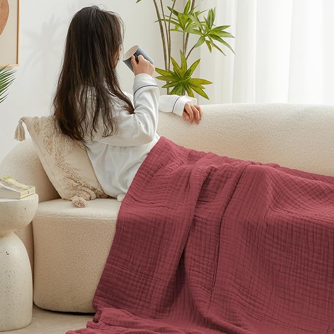Love's cabin 6 Layer 100% Cotton Muslin Blanket, 50"x60" Throw Muslin Blanket for Couch Bed, Lightweight and Breathable Cotton Gauze for Adult, Wine Red