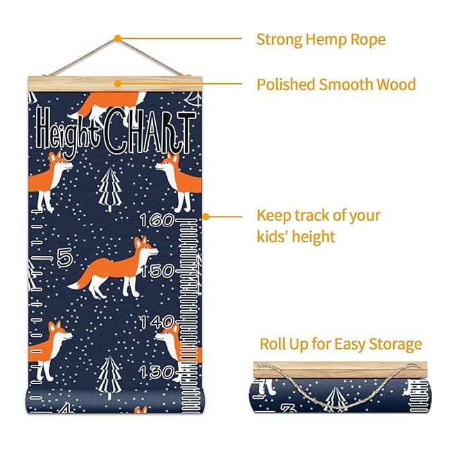Kids Growth Chart Ruler for Wall Wood Frame Height Measure Chart 13.4x56 in Linen Hanging Height Growth Chart Small Foxes Kids Room Decor
