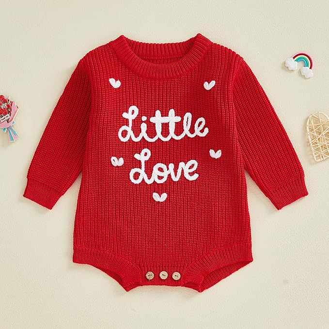 Lesimsam Newborn Baby Boy Girl Valentines Day Outfit Oversized Embroidery Long Sleeve Knit Sweater Bubble Romper Bodysuit
