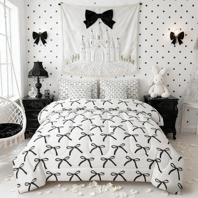 7 Pieces Cartoon Bowknot Kids Comforter Queen Size,Bow Tie Geometric Patchwork Modern Girls Bedding Set,Bow Butterfly Knot Black White（Comforter+Fitted+Flat+2 Pillowcases+2 Throw Pillow Covers）