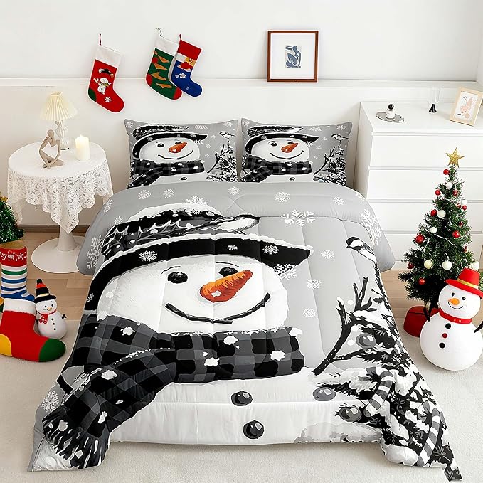 Feelyou Kids Christmas Theme Decorations Bedding Set Xmas Snowman Comforter Set for Boys Girls Snowflake Kawaii Cute Grey Bedroom Collection King Size