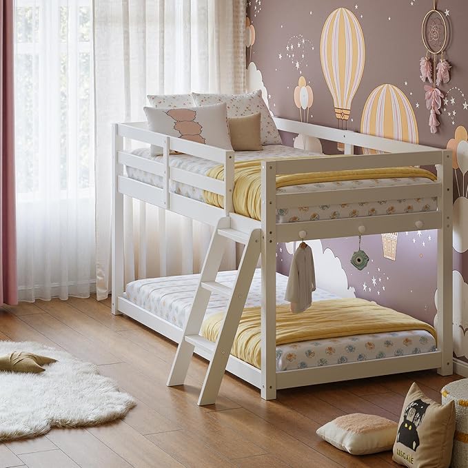 Vantic Floor Bunk Bed with LED Light, Low Bunk Bed with Wide Stairs, Convertible Soild Wooden Toddler Bunk Bed with 6 Hooks, Space-Saving, White