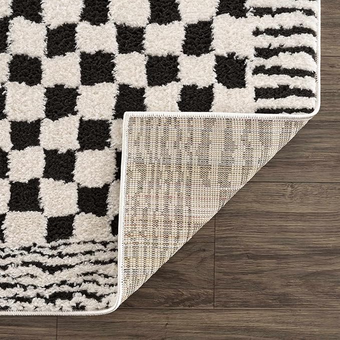 Hauteloom Leryn Contemporary Checkered Area Rug - Modern Geometric Bordered Carpet for Living Room, Bedroom - Checkboard Design - Square Tiles - High Pile - Black and White - 6'7" x 9' (6x9)