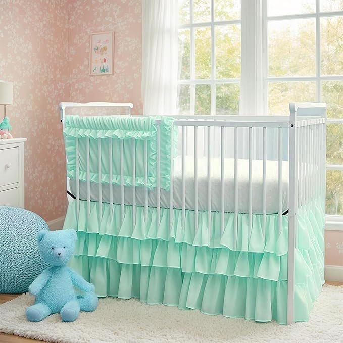 Ruffled Crib Bed Skirt: 3 Tiered Ruffled Crib Skirt Baby Girl Nursery Toddler Bedding Dust Ruffle, 17.7" Deep Drop- Fits Standard Cribs,28"x 52" (Green)