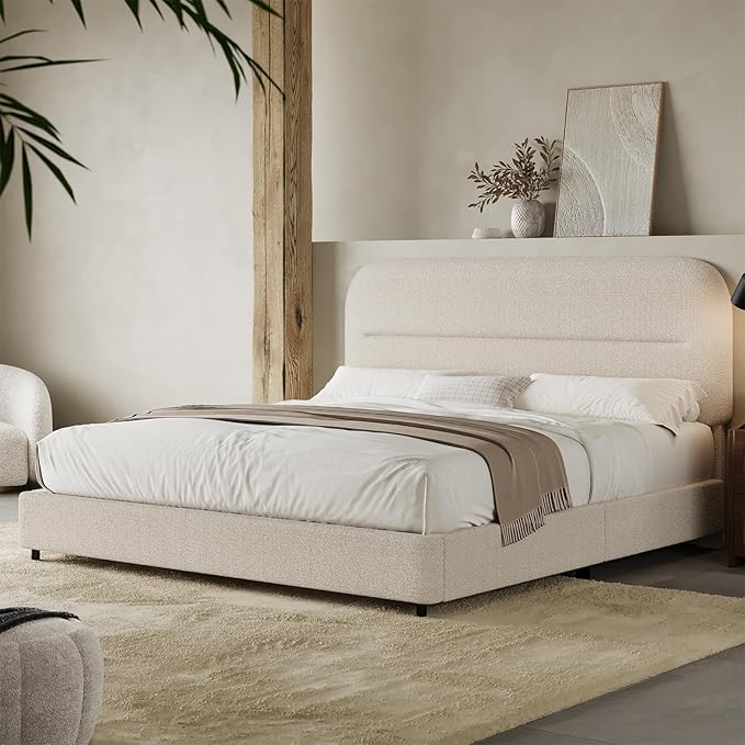 HOMBCK Full Size Boucle Bed Frame, Upholstered Bed Frame Full with Headboard, Soft BedFrame with Thickened Footboard, Soft Rounded Corners, No Box Spring Required, Easy Assembly, Cream