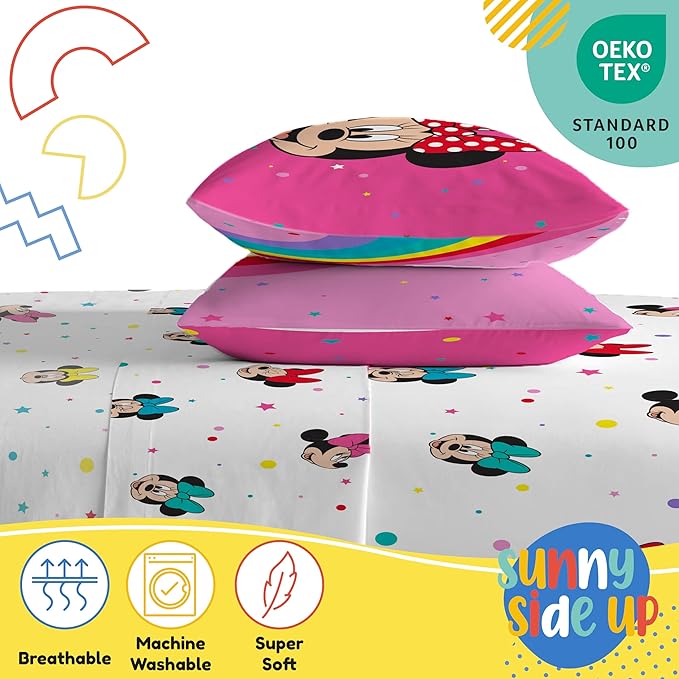 Sunny Side Up Disney Minnie Mouse Full Sheet Set - 4 Piece Kids Bedding Set Includes Pillow Cover - Super Soft Rainbow Dots Microfiber Sheets