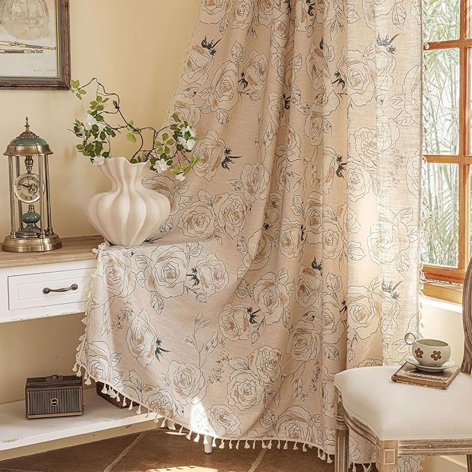 ENJOYBRIDAL Floral Curtains 63 Inches Long 2 Panels Set Coquette Rod Pocket Drapes Short Boho Bedroom Semi Sheer Window Curtain Panels Farmhouse Living Room Rose Decorations Tassel Window Treatments