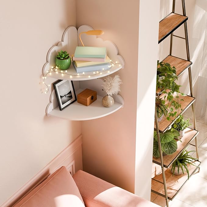 Cute Cloud Floating Corner Shelves - 2-Tier Cloud Corner Shelf Wall Mounted for Kid’s Room, Nursery Wall Decor, Small Cute Display Shelves for Toys, Plants & Storage