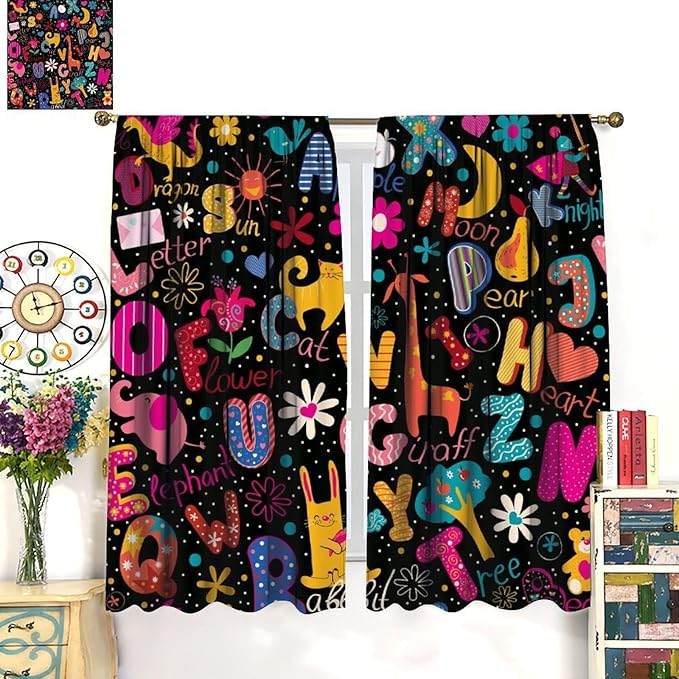 Cartoon Alphabet Curtains Funny Education Animal Giraffe Curtain with Rod Pocket for Bedroom Living Room Home Decor Drapes Thermal Insulated Window Treatments 2 Panels Set 72" W X 63" L