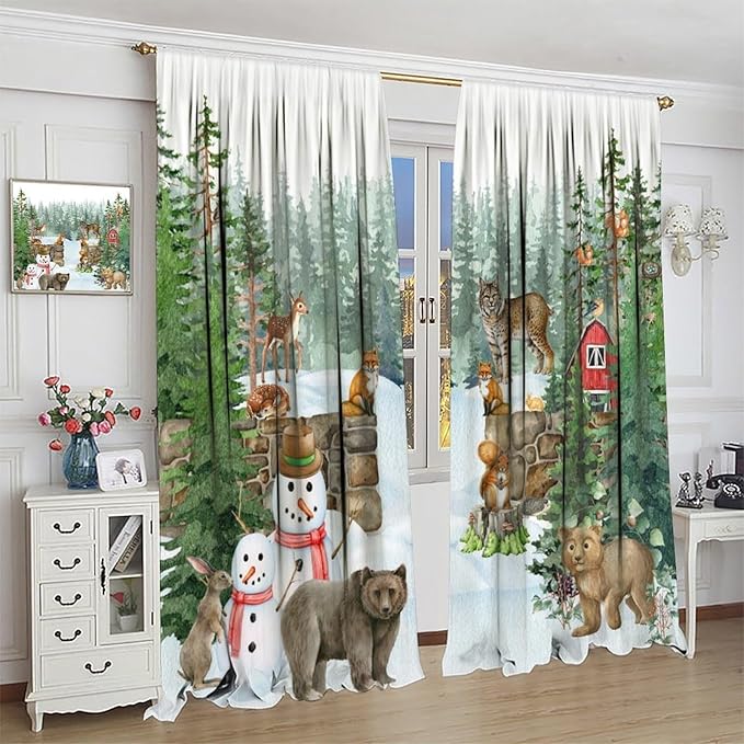Woodland Animal Curtains, Watercolor Squirrel Hare Bear Bird Pattern Blackout Window Treatments, Rod Pocket Thermal Insulated Drapes 2 Panel Sets for Kids Bedroom Nursery Classroom, 52" W X 84" L