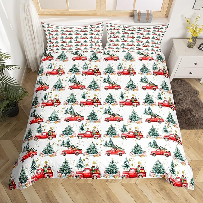 Feelyou Christmas Duvet Cover Boys Christmas Tree Bedding Set for Kids Teens Ultra Soft Cartoon Car Comforter Cover Set Watercolor Xmas Theme Bedspread Cover Room Decor King Size Bedclothes Zipper